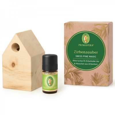 Geschenkset Zirbenzauber -  Zirbelkiefer bio* 5ml, Zirbenhaus (BxTxH) 4,4 x 4,4 x 9,6 cm