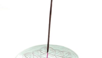 Runder Räucherhalter aus Keramik – Blume des Lebens türkis – 3 Steckvorrichtungen Ø 15 cm
